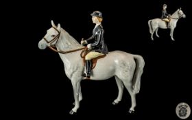 Beswick - Hand Painted Seated Rider and Horse Figure ' Huntswoman ' - Grey. Model No 1671.