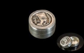 Egyptian Revival Silver Pill Box. Pill Box In the Egyptian Style, Hallmarked for Silver.
