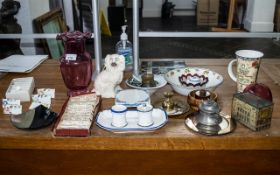 Quantity of Assorted Porcelain & Glass Items, including a cranberry glass fluted top 9'' vase, a box