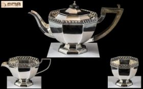 Arts and Crafts Style Singles ( 3 ) Piece Sterling Silver Tea Set of Pleasing Proportions.