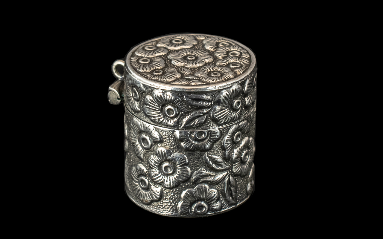Silver Pill Box of Very Pretty Design. Decorated Throughout Top and Sides, Lovely Pretty Object.