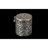 Silver Pill Box of Very Pretty Design. Decorated Throughout Top and Sides, Lovely Pretty Object.