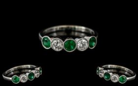 18ct White Gold - Exquisite and Top Quality - Five Stone Emerald and Diamond Set Dress Ring.