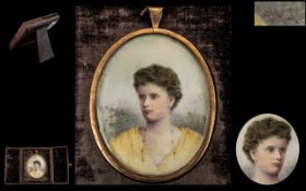 Late Victorian Period - Signed and Excellent Quality Hand Painted Portrait Miniature on Ivory of