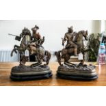Pair of Spelter Figures, Horses and Riders Jousting. Green and copper tone patinations.