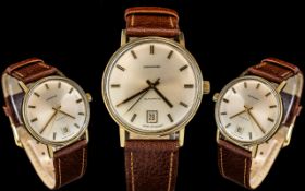 Garrards 9ct Gold Cased Gents Automatic Date-Just Wrist Watch, With Screw Back, Tan Leather Strap.