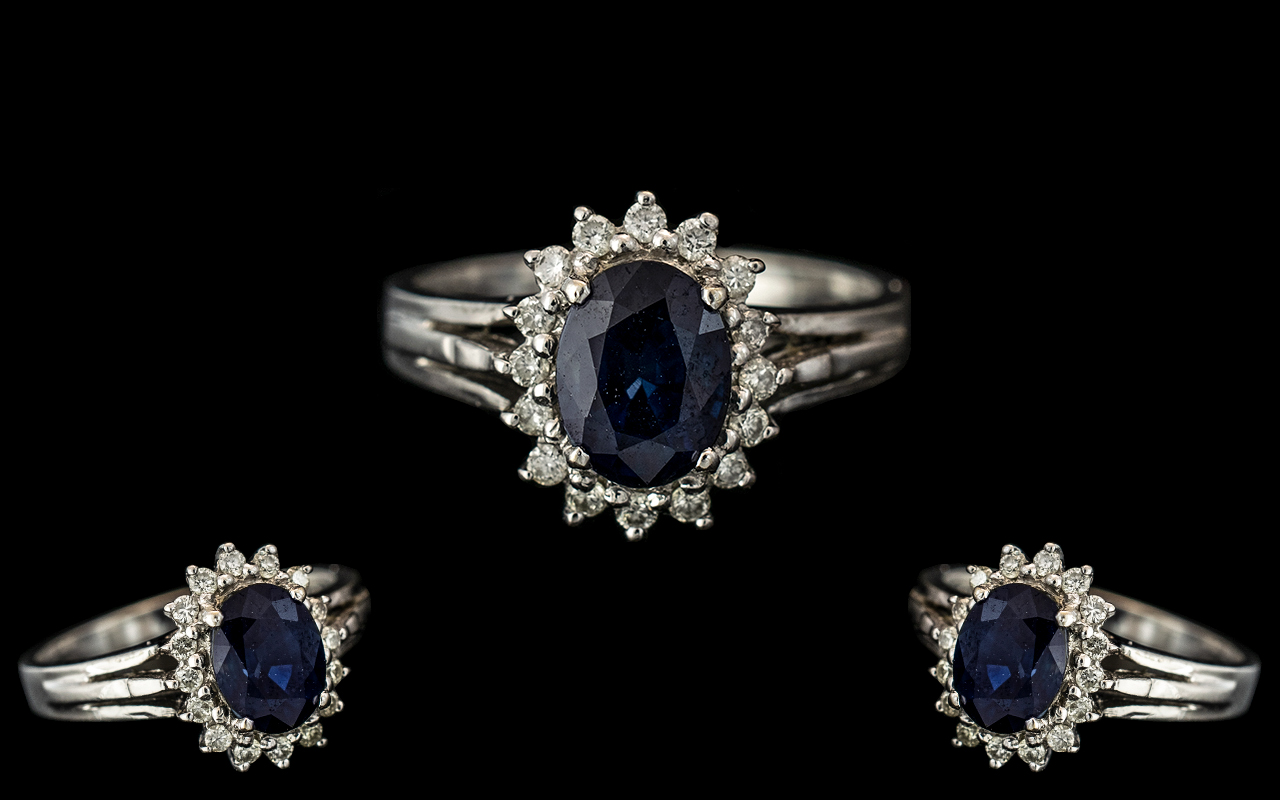 18ct White Gold - Nice Quality Sapphire and Diamond Set Cluster Ring, Flower head Design.