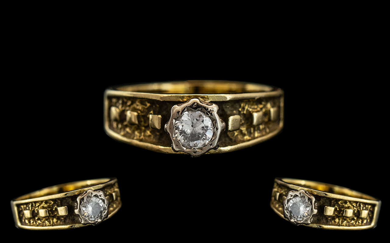 9ct Gold - Attractive Single Stone Diamond Ring. Excellent Quality Both Shank & Setting.