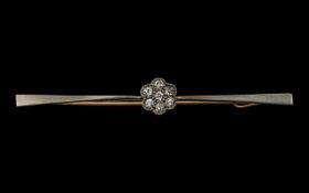 18ct Gold Antique Diamond Bar Brooch, Central Flower Head Design Diamond Cluster, Milgrain Set.