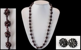 Antique Period Red Garnet Set Necklace with Matching Pair of Large Clip-On Earrings ( Later Period