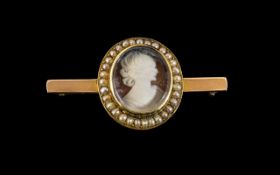 Cameo Brooch, Depicting a Maiden Facing Right, surrounded by seed pearls,