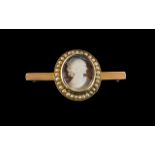 Cameo Brooch, Depicting a Maiden Facing Right, surrounded by seed pearls,