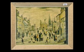 Lowry Print 'A Lancashire Village', framed in linen effect frame, measures 23" x 17" overall.