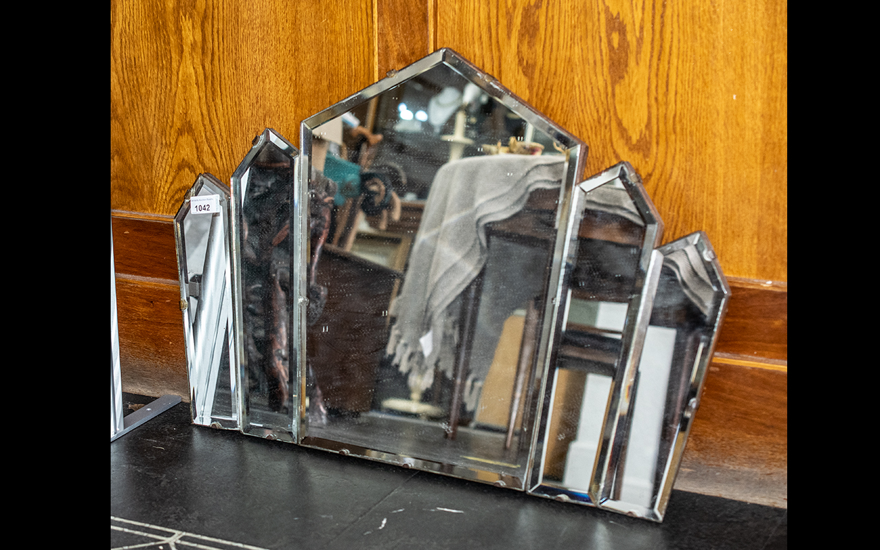 A Mid Century Deco Style Wall Mirror bevelled glass with arrow tick panels 19 x 25 inches.