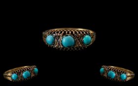 Edwardian Period 1902 - 1910 9ct Gold 3 Stone Turquoise Set Dress Ring - Gallery Setting.