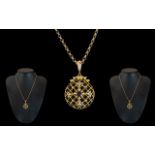 Antique Period - Attractive 9ct Gold Circular Open-Worked Seed Pearl and Ruby Set Pendant,