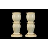 19th Century - Fine Quality Carved Pair of Solid Ivory Candlesticks with Detachable Round Bases,