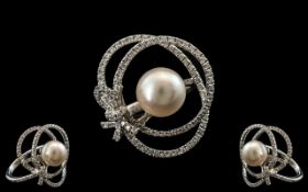 18ct White Gold Diamond And Pearl Ring Central 8.5mm Cultured Pearl, Surrounded By Round Modern