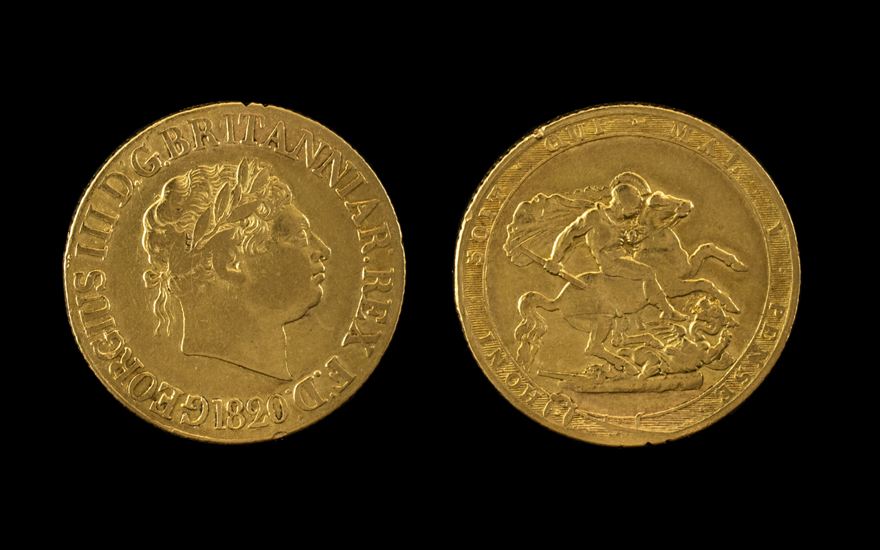 George III 22ct Gold Full Sovereign - Date 1820.