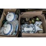 Two Boxes of Mixed Ceramics & Collectibles, including two blue and white lidded tureens,