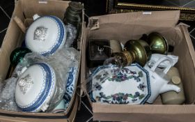 Two Boxes of Mixed Ceramics & Collectibles, including two blue and white lidded tureens,