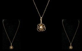 9ct Gold Pendant of Unusual Design, With Pearl to Centre, Suspended on 9ct Gold Necklace.