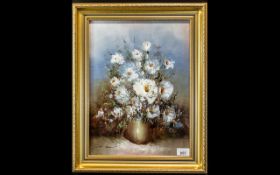 Sam-Son ( 20th Century ) White Flowers In a Brown Bowl - Oil on Canvas. Size 5.3/4 x 11.