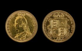 Queen Victoria 22ct Gold - Young Head Shield Back Half Sovereign, Date 1892. London Mint.