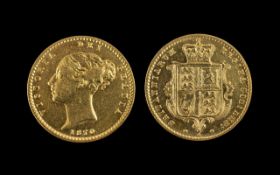 Queen Victoria Young Head - Shield Back 22ct Gold Half Sovereign - Date 1870.