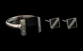 Ladies 9ct White Gold Black Agate and Diamond Set Ring With Matching Pair of Earrings. Ring Size M.