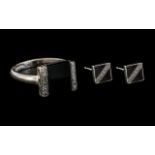 Ladies 9ct White Gold Black Agate and Diamond Set Ring With Matching Pair of Earrings. Ring Size M.