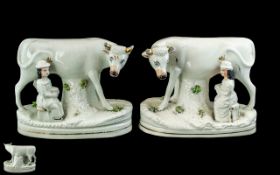 Staffordshire - 19th Century True Pair of Pearlware Figures. Depicts - A Milk Maid Seated Milking