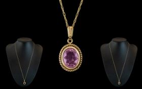 Amethyst Pendant Set In 9ct Gold Suspended on a 9ct Good Necklace.