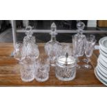 Collection of Quality Cut Glass, comprising three decanters, square, round and cylindrical,