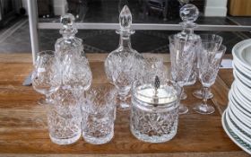 Collection of Quality Cut Glass, comprising three decanters, square, round and cylindrical,