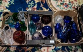 Collection of Blue Coloured Glass, comprising bottles, glasses, vases, glass balls, jug,