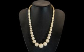 Antique Period - Superior Quality Carved Ivory / Bone Graduated Beaded Necklace.