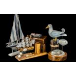 Box of Nautical Items, comprising a hand made boat with linen sails, wooden ship pen holder,