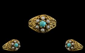 Antique Period - Ornate Anglo Indian 18ct Gold Turquoise - Seed Pearl Set Ring,