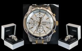 Seiko Chronograph 100 Meter Stainless Steel Gents Watch with box. Silver dial with gilt batons.