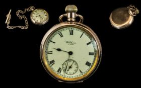 American Watch Co. Waltham Traveller Gold Filled Open Faced Keyless Pocket Watch and watch chain.