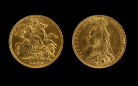 Queen Victoria Jubilee Head 22ct Gold Full Sovereign. Date 1892, Melbourne mint. High grade coin.