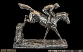 A Finely Detailed Large and Impressive Sterling Silver Sculpture of Jockey and Racehorse In Full