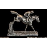 A Finely Detailed Large and Impressive Sterling Silver Sculpture of Jockey and Racehorse In Full