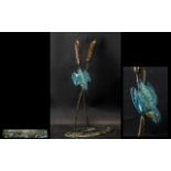 Eddie Hallam Cold Painted Bronze Wildlife Sculpture, Diving Kingfisher On Two Reeds, Bronze,
