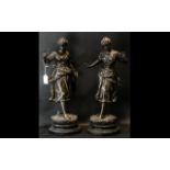 A Pair of 19thC French Victorian Spelter Peasant Girl Figures signed Rancoulet.