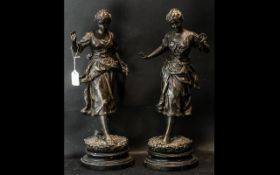 A Pair of 19thC French Victorian Spelter Peasant Girl Figures signed Rancoulet.