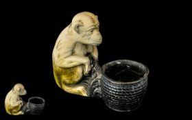 Unique Monkey Pot Brush Pot In Pottery, In the Form of a Begging Monkey.