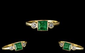 18ct Gold - Pleasing 3 Stone Emerald and Diamond Set Dress Ring.