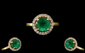 Ladies - Superb Contemporary Top Quality 14ct Yellow Gold Attractive Emerald and Diamond Set Dress
